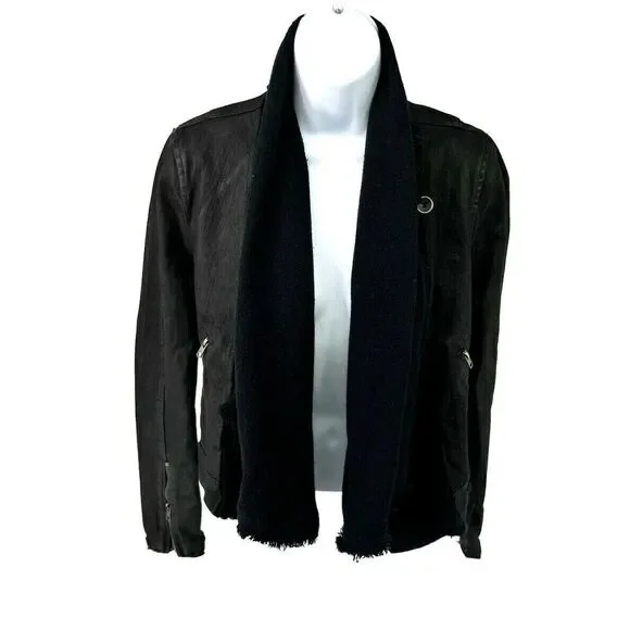 Free People Black Moto Jacket Coat Size 2 Front Drape Coated Denim Jean